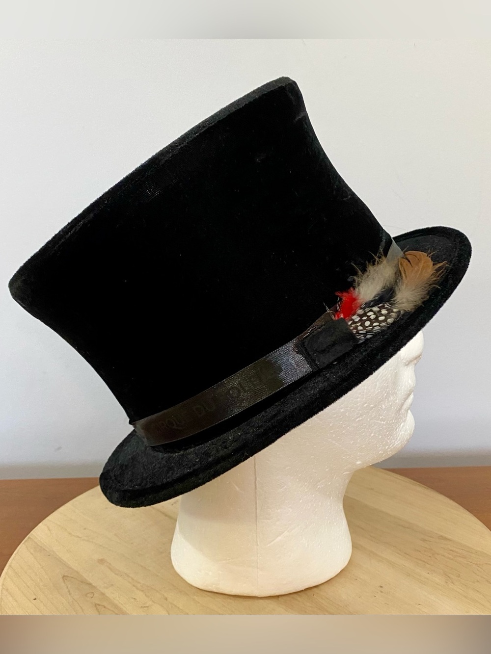 Cirque du Soleil Black Velvet Top Hat Ribbon Feather Costume Cap OS Mad Hatter